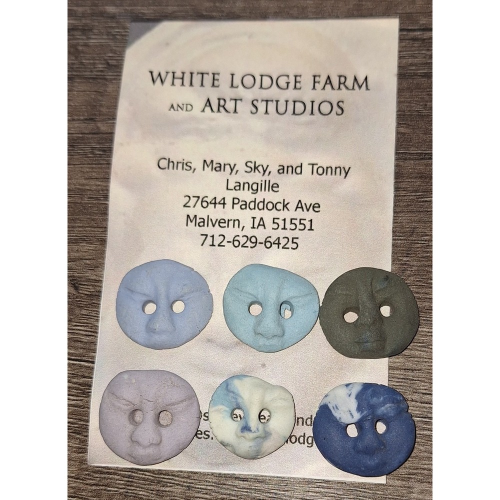 White Lodge Farm Art Studios Ceramic Face Buttons Set of 6 Handmade Blue Grey